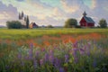 A painting of a field of flowers and a red barn. AI generative image Royalty Free Stock Photo