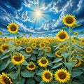 painting of field of sunflowers with a