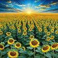 painting of field of sunflowers with a