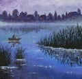 Painting fine art Fishing on foggy evening morning lake. A fisherman in boat with fishing rod is reflected in calm water