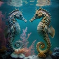 A painting of two seahorses that are facing each other.