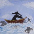 Painting of fisherman casting fishing net on acrylic