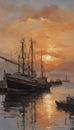 painting of fishing boat in port at sunset Royalty Free Stock Photo