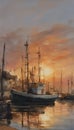 painting of fishing boat in port at sunset Royalty Free Stock Photo