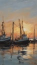 painting of fishing boat in port at sunset