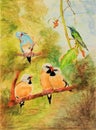 Painting of five birds perched on tree branches