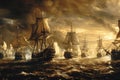 A Painting of a Fleet of Ships Battling Rough Seas, A historic naval battle scene with galleons, frigates, and battleships, AI