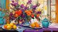 Extravagant Table Setting: Orange Vase And Flowers On Blue Background Royalty Free Stock Photo