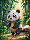 A painting of fluffy amd cute panda, playing in a bamboo forest, at spring season, sunrise, glowing, cartoon, animal art