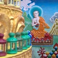 Painting at the foot of the large Buddha statue at Kagyu Yeunten Gyamtso Ling