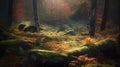 a painting of a forest filled with lots of green moss