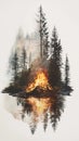A painting of a forest with a fire in the middle Royalty Free Stock Photo