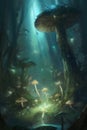 A painting of a forest full of mushrooms. AI generative image.