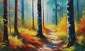A painting of a forest with a path in the center, surrounded by trees and colored in yellow, blue, and red. Royalty Free Stock Photo