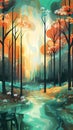 A painting of a forest with a stream running through it. Generative AI image. Royalty Free Stock Photo