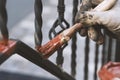 Painting forged railings on the stairs at the entrance of the house. Protection against rust.