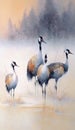 a painting of four birds standing in a field of snow. generative ai