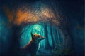 a painting of a fox in a forest looking up at the sky with a bright light coming from behind it and a dark background with trees Royalty Free Stock Photo