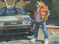 A painting of a frog, wearing a plaid shirt, orange puffy vest, blue jeans, and sneakers standing