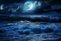 A Painting of a Full Moon Over the Ocean, Dark blue ocean waves crashing with an overlay of bright moonlight, AI Generated Royalty Free Stock Photo