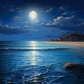 a painting of a full moon over the ocean with waves crashing and some rocks Royalty Free Stock Photo