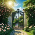 painting of garden with roses and gate with clock on it and light