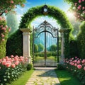 painting of garden with roses and gate with clock on it and light