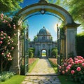 painting of garden with roses and gate with clock on it and light