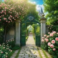 painting of garden with roses and gate with clock on it and light