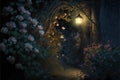 a painting of a garden with roses and a lamp post at night with a light on the side of the path Royalty Free Stock Photo
