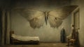 Monumental Scale Painting: Person In Bed With Giant Butterfly By Alfred Kubin
