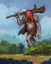 Giant with red hair and massive tree club walking through a forest - digital fantasy illustration