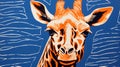 Bold Woodcut-inspired Giraffe Print On Blue Background