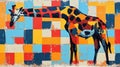 A painting of a giraffe standing in front of colorful squares, AI