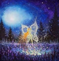 painting glowing night fairy girl butterfly in magical night forest