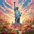 painting Goddess of America's Statue of Peace Standing in a bea of Peace Standing in a beautiful fairytale flower garden