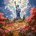 painting Goddess of America's Statue of Peace Standing in a bea of Peace Standing in a beautiful fairytale flower garden