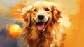 a painting of a golden retriever dog with a ball. generative ai