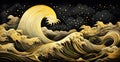 A painting of a golden waves on a black background, night sea storm Royalty Free Stock Photo