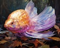 a painting of a goldfish in the forest