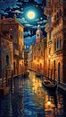 A painting of a gondola on a canal at night. Generative AI image.