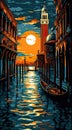 A painting of a gondola on a canal at sunset. Generative AI image.