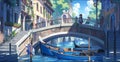 A painting of a gondola going under a bridge. AI generative image.