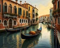 A painting of a gondola in the middle of a canal. Beautiful picture of city on water.