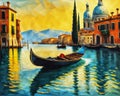 A painting of a gondola on the water. Beautiful picture of landscape city