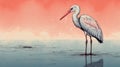 White Stork Standing On Soft Water: Editorial Illustration With Risograph Texture