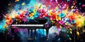 A painting of a grand piano surrounded by flower with splash of color