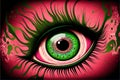 a painting of a green eye with pink and green swirls on it\'s iris and black background, Royalty Free Stock Photo