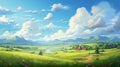 Painting of Green Field, Lake, and Mountains Royalty Free Stock Photo