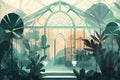 a painting of a greenhouse filled with lots of green plants